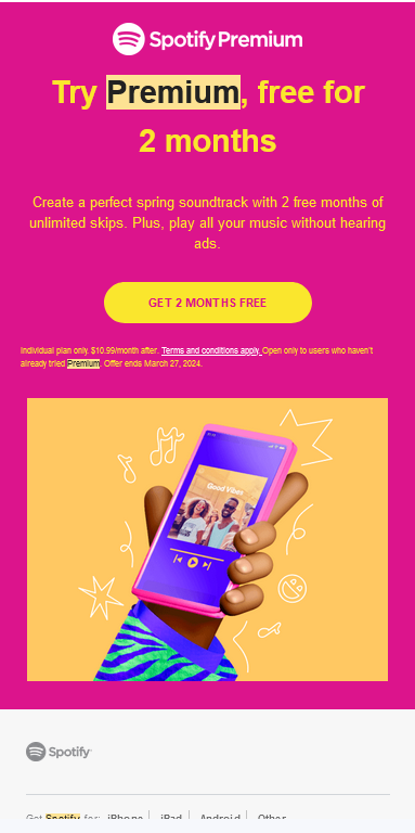 An email from Spotify giving a free trial to upsell