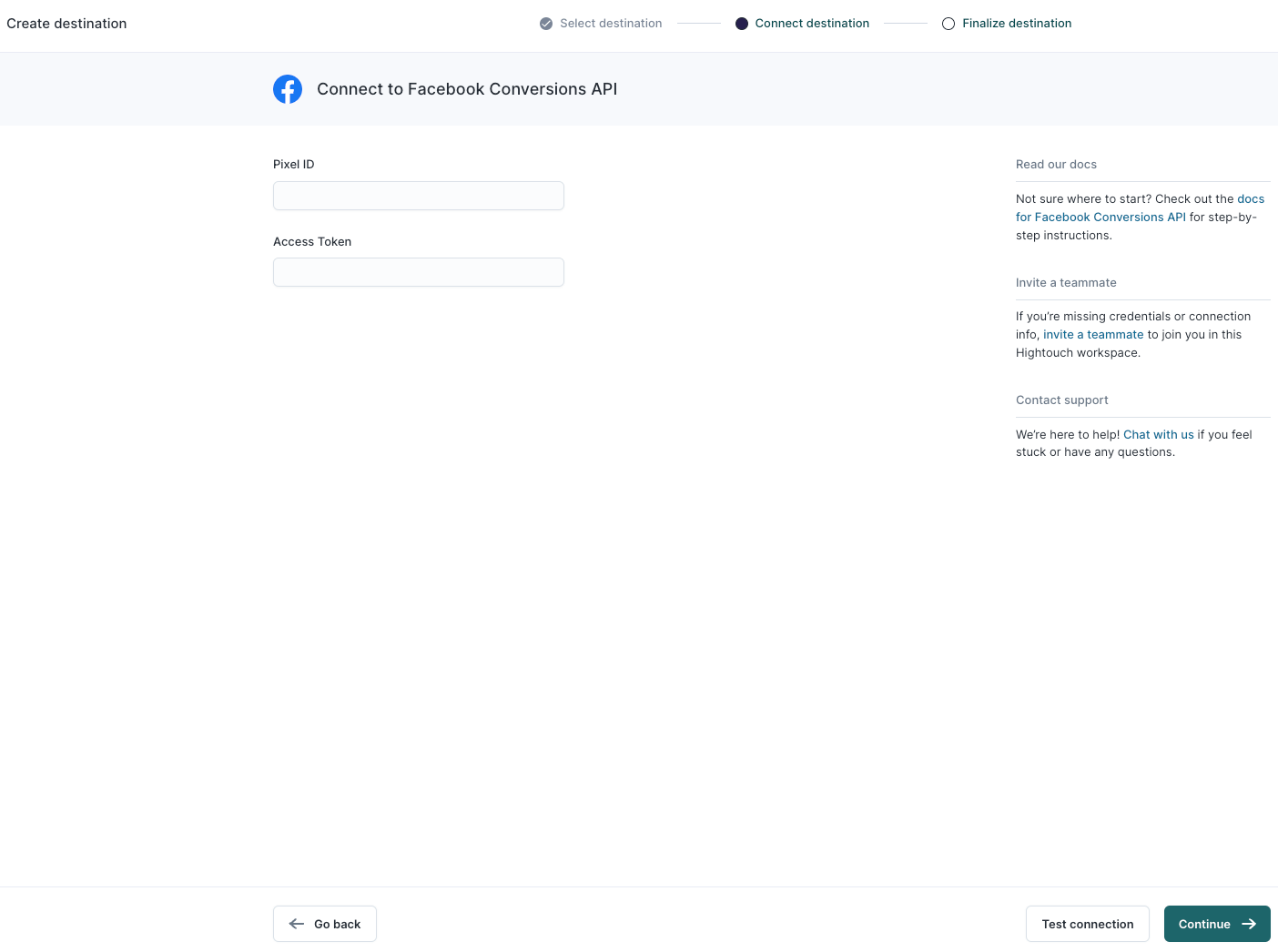 Entering Pixel ID and access token to se up Facebook CAPI in Hightouch