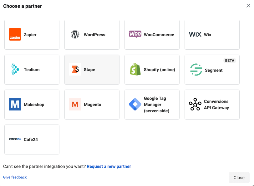 The partners avaiable to select through Facebook CAPI partner integration