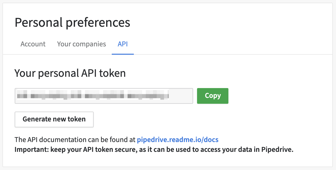 Pipedrive API key in the Pipedrive UI