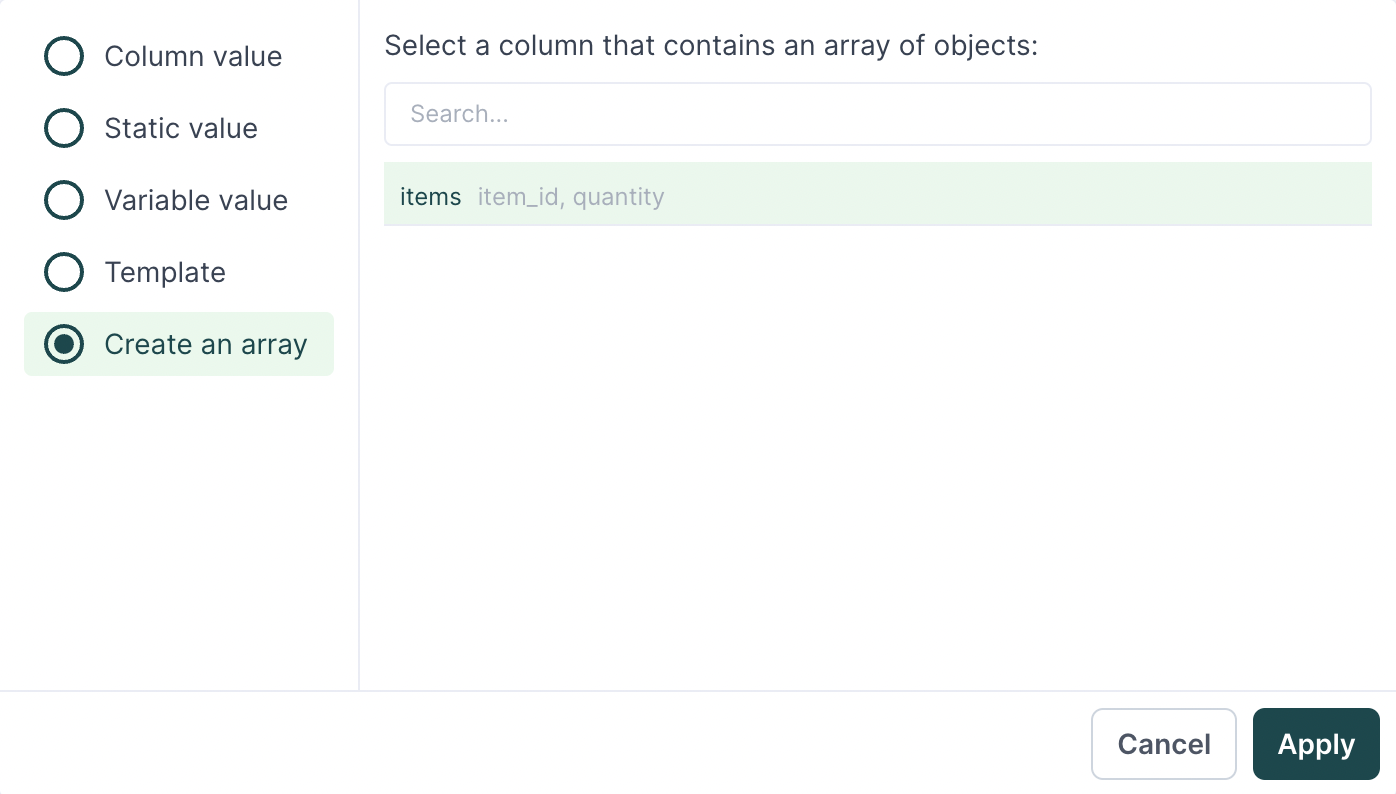 Select your array of objects column from the advanced mapper.