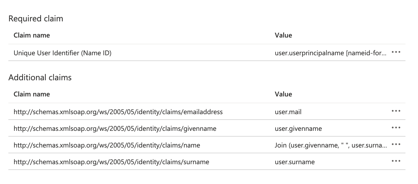 Azure required claims and values