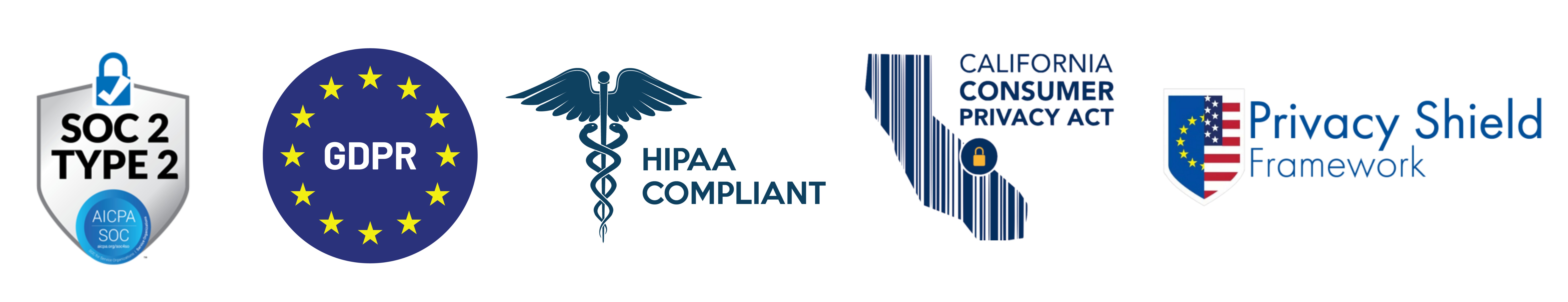 SOC 2 Type 2, HIPAA, GDPR, CCPA, and Privacy Shield logos